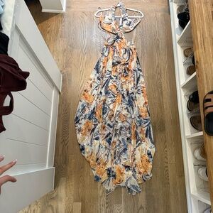 Luxxel White Floral Halter Maxi Dress with Orange & Navy Accents